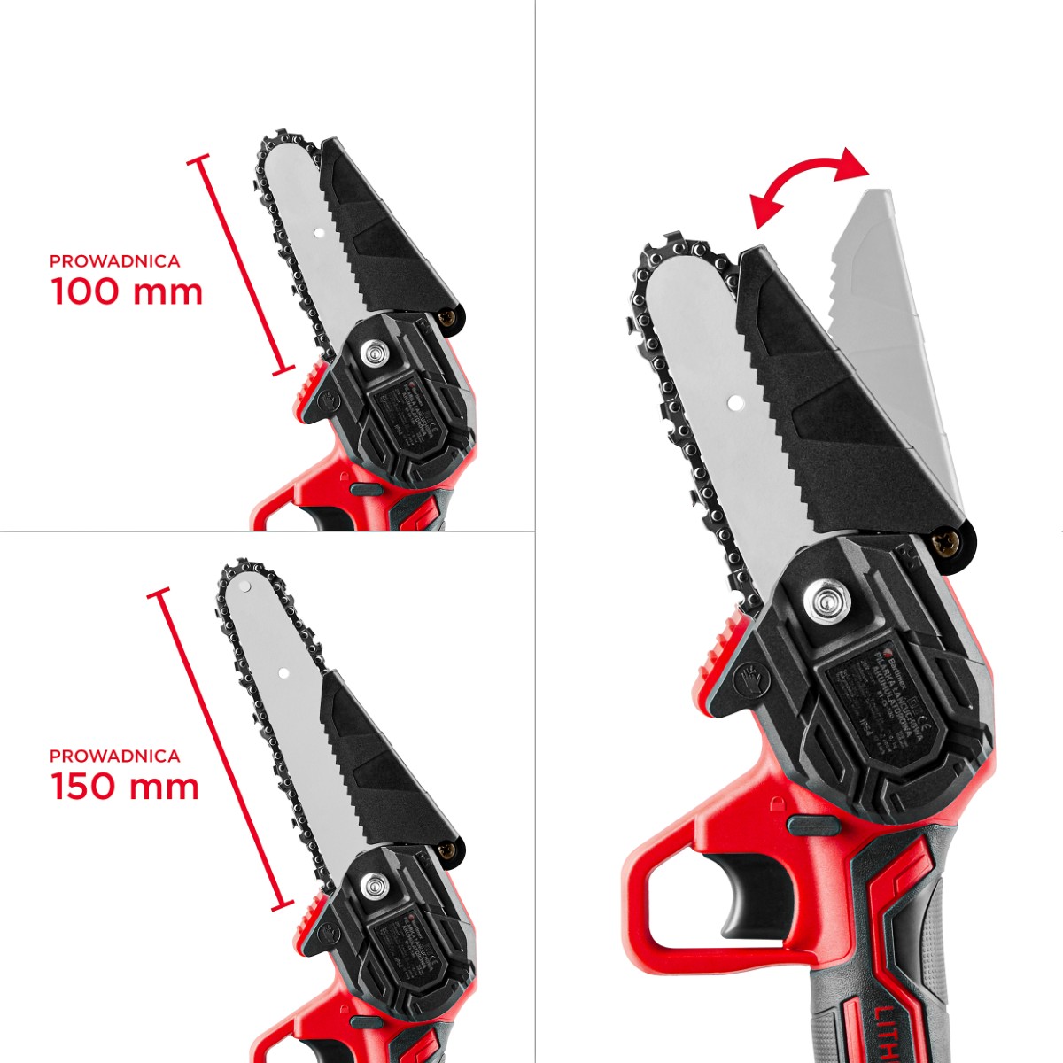 Akumulatorowa pilarka łańcuchowa ręczna, przedstawiona w dwóch wariantach długości prowadnicy (10 i 15 cm) oraz z widocznym mechanizmem osłony.